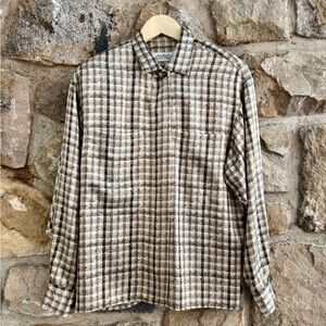 Vintage brown plaid 100% silk button down blouse women’s 6